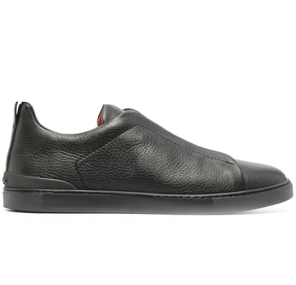 Zegna Triple Stitch Mocassim Preto Couro